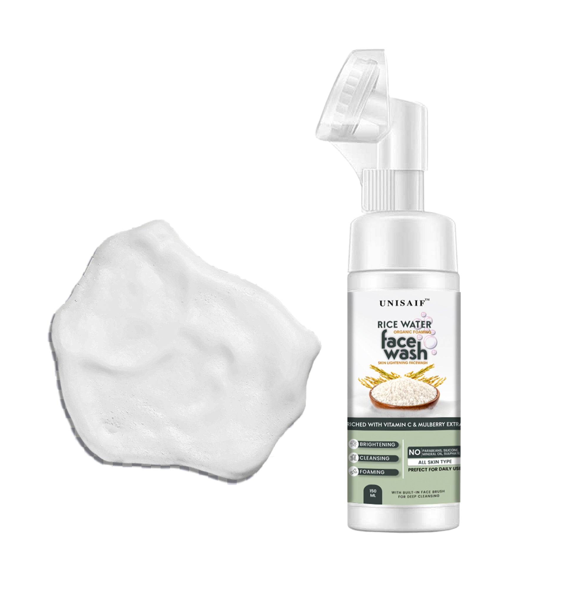 Rice Water Organic Foaming Facewash (150ml) Enriched With Vitamin C & Mulberry Extract |Skin Lightening| Brightening| Cleansing| Foaming| NO PARABEN, NO SULPHATE