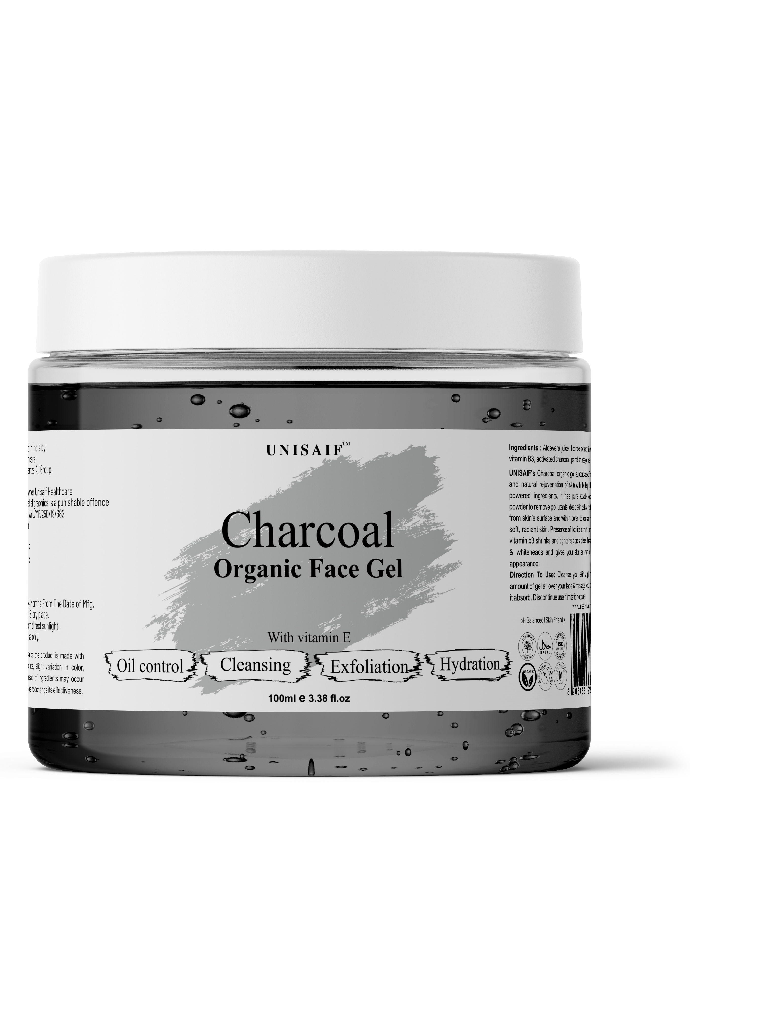 Charcoal Organic Facial Gel (100g) With Vitamin E | Oil Control| Cleansing| Exfoliation| Hydration| NO PARABEN