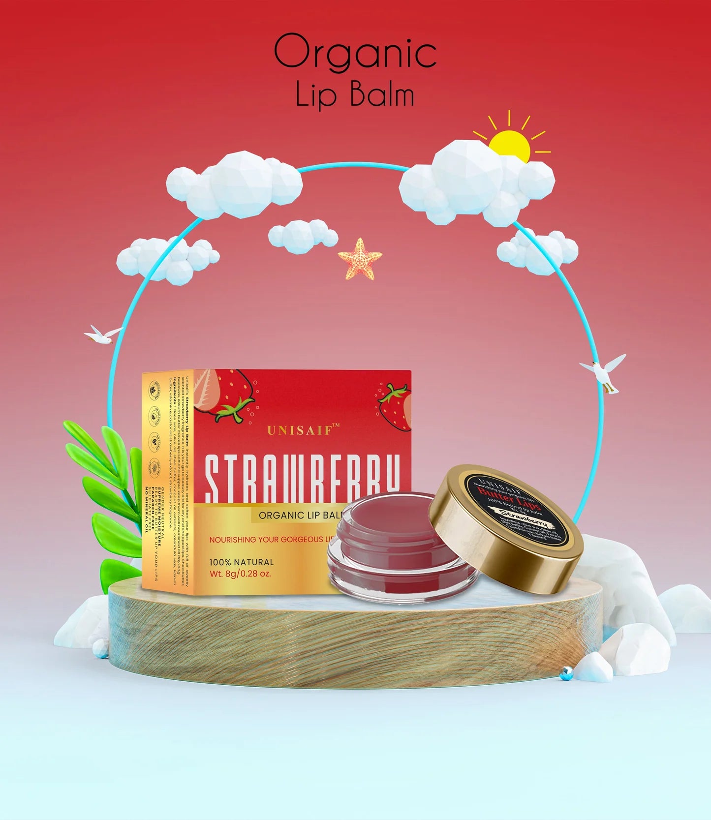 Strawberry Organic Butter Lip Balm (8g) Gorgeous Lips | 100% Natural | Mineral Oil Free