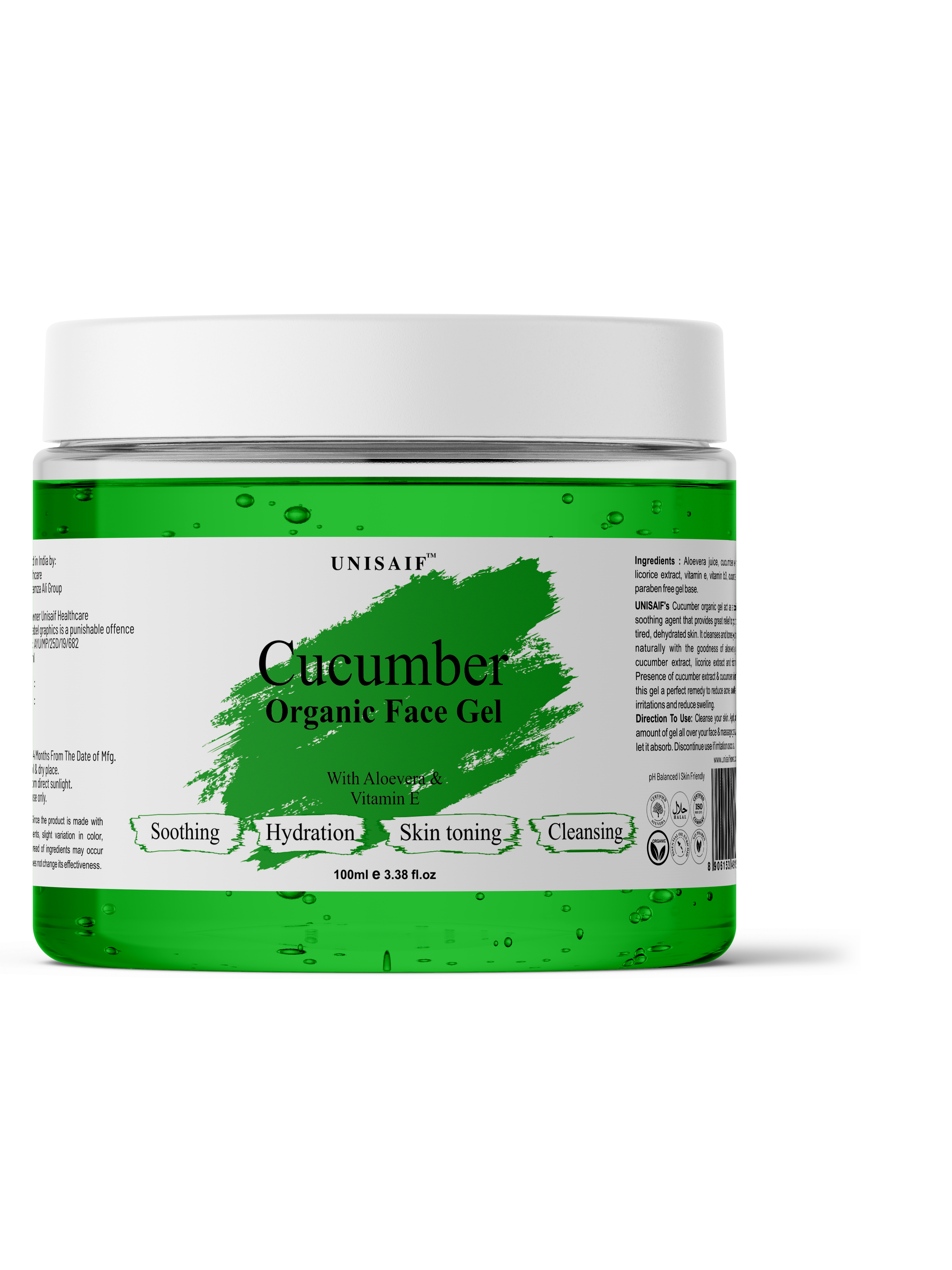 Cucumber Organic Facial Gel (100g) With Vitamin E| Acne prevention| Hydrating| Skin Toning| Cleansing| NO PARABEN